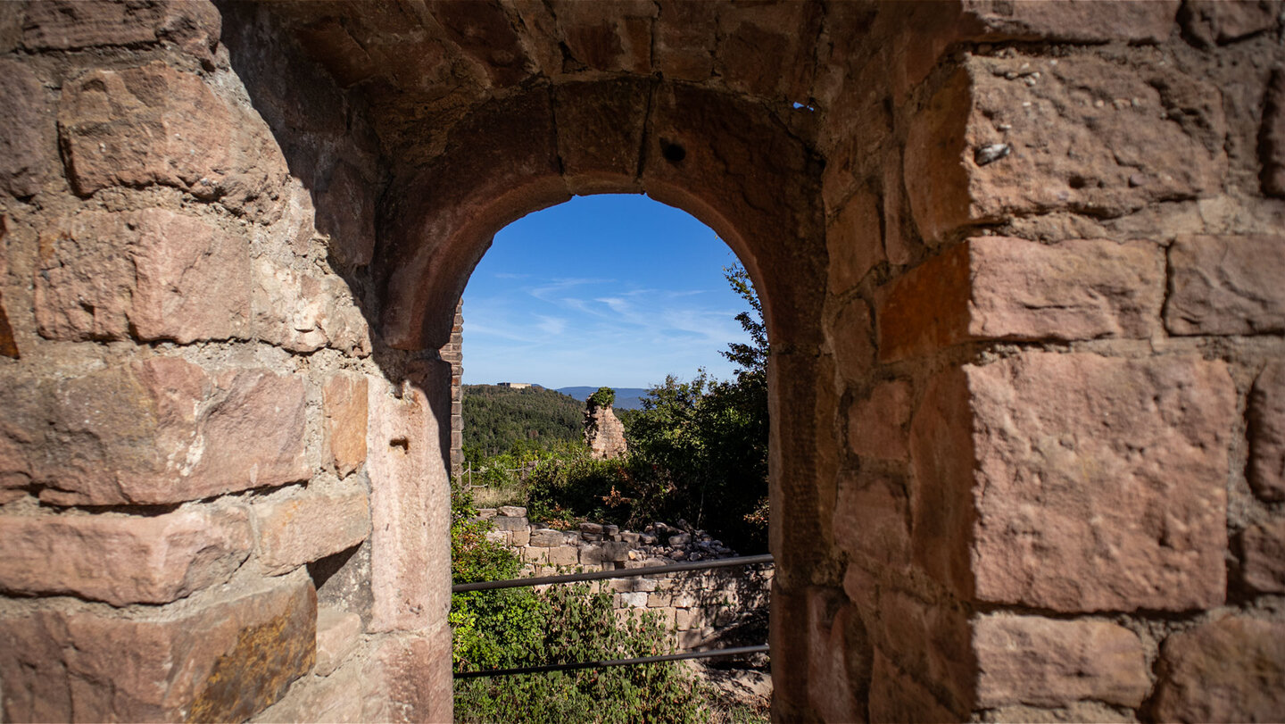 Durch ein Rundbogenfenster aus rosa Sandstein geht der Blick auf Mauerreste und Wald der Drei Exen