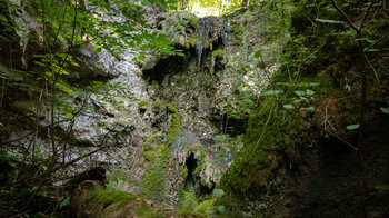 moosbewachsene Muschelkalkwände am Sturzdobel-Wasserfall