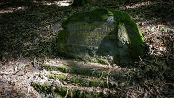 Der Ritterstein Nr. 299 mit der Aufschrift „Rödelstein-Pfad erb. v. Pfälz. Wald-Verein 1927