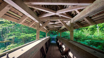 Holztragwerke des Kanadierstegs mit seiner Überdachung