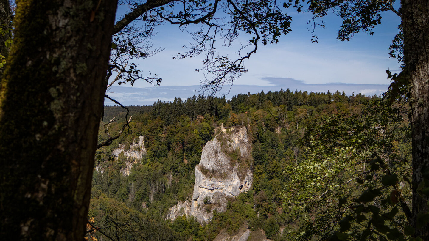 Felsformation im Donautal mit sichtbaren Mauerresten der Ruine Hausen oben auf dem Fels.