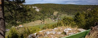 Panoramablick vom Birkensteigfels über das Donautal mit Neidingen, Wiesen und Kalkfelsen.
