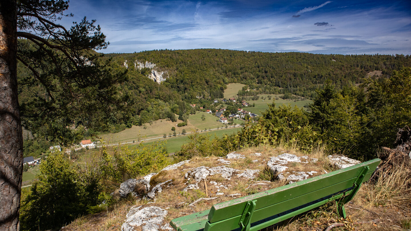 Panoramablick vom Birkensteigfels über das Donautal mit Neidingen, Wiesen und Kalkfelsen.