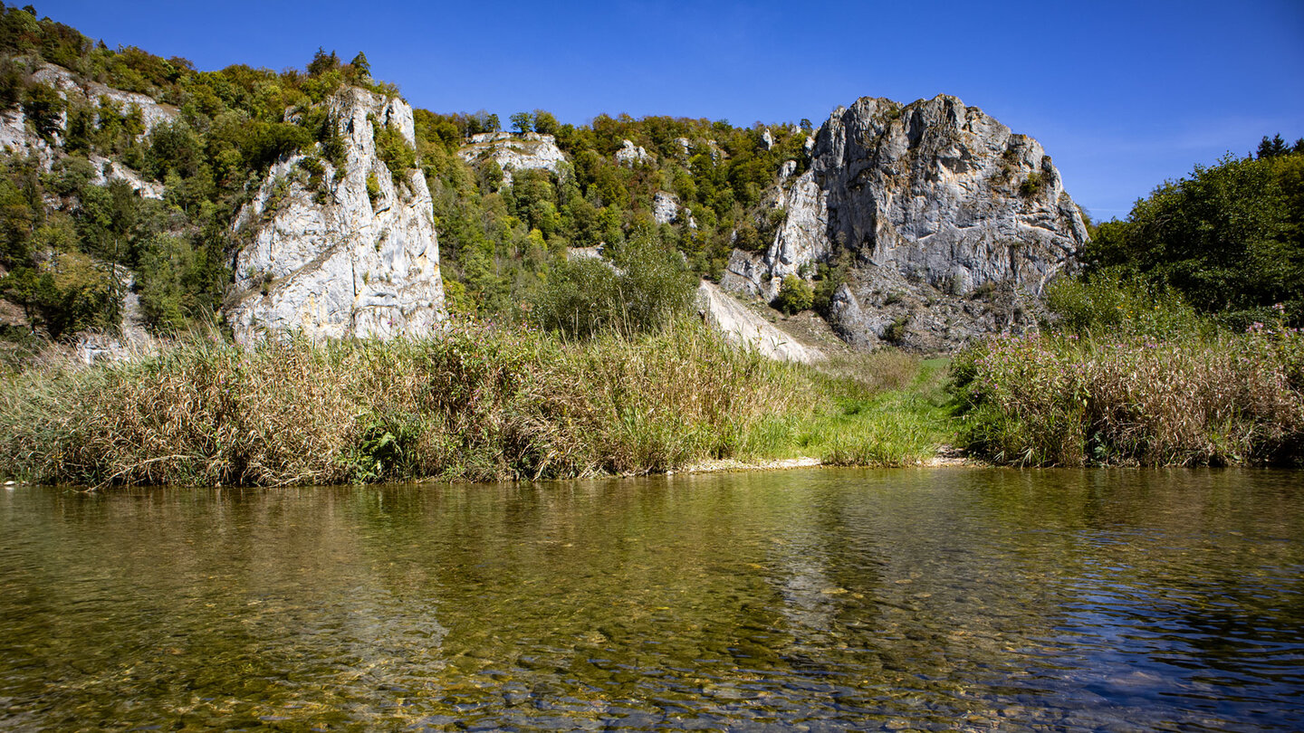 Felstürme des Stiegelesfels über dem Donauufer.