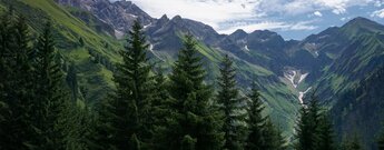 Bacherloch-Schlucht mit Trettachspitze und Mädelegabel im Hintergrund