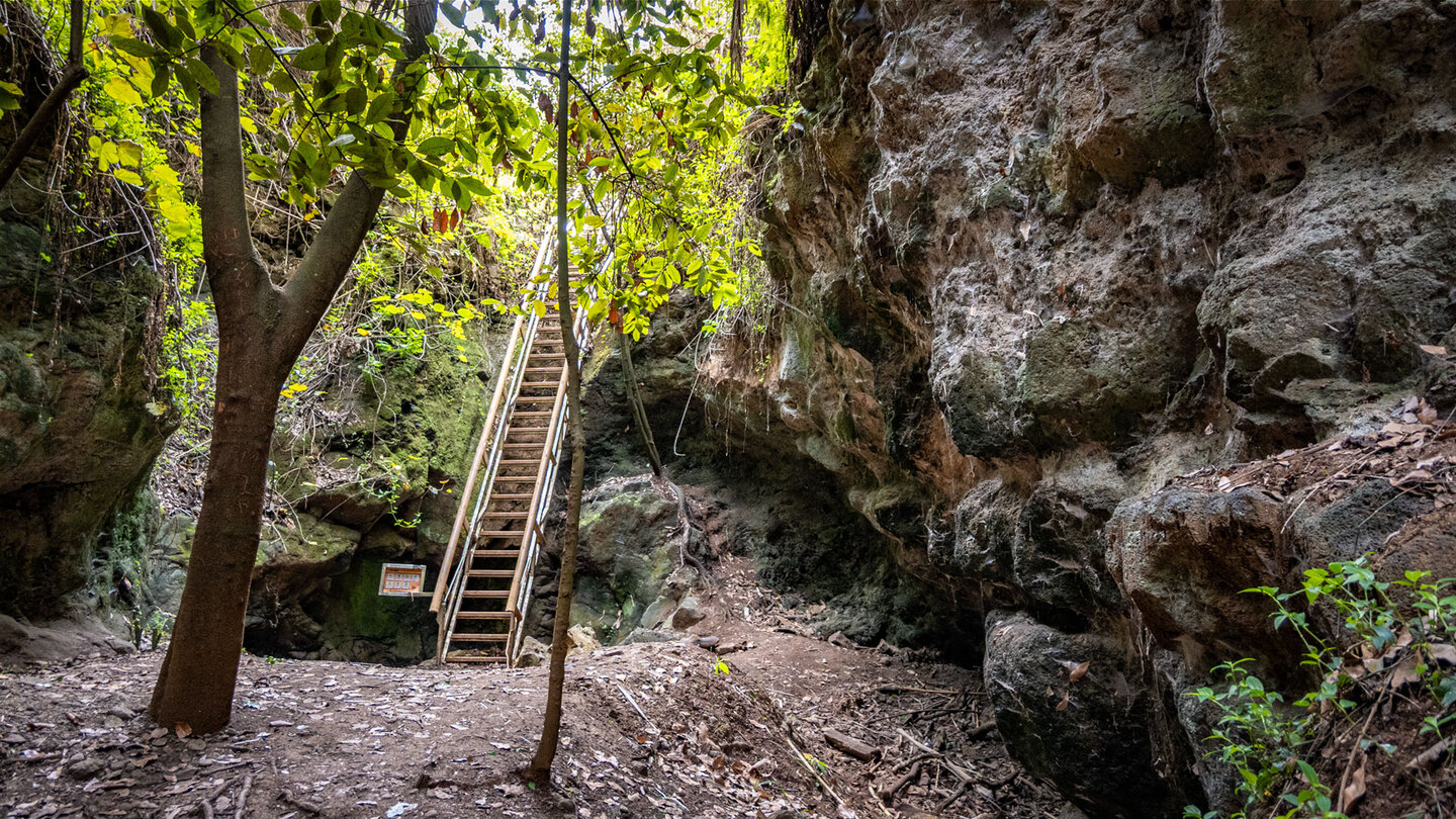 Die hohe Treppe im Barranco del Álamo überwindet rund fünf Höhenmeter an einer fast senkrechten Felswand.
