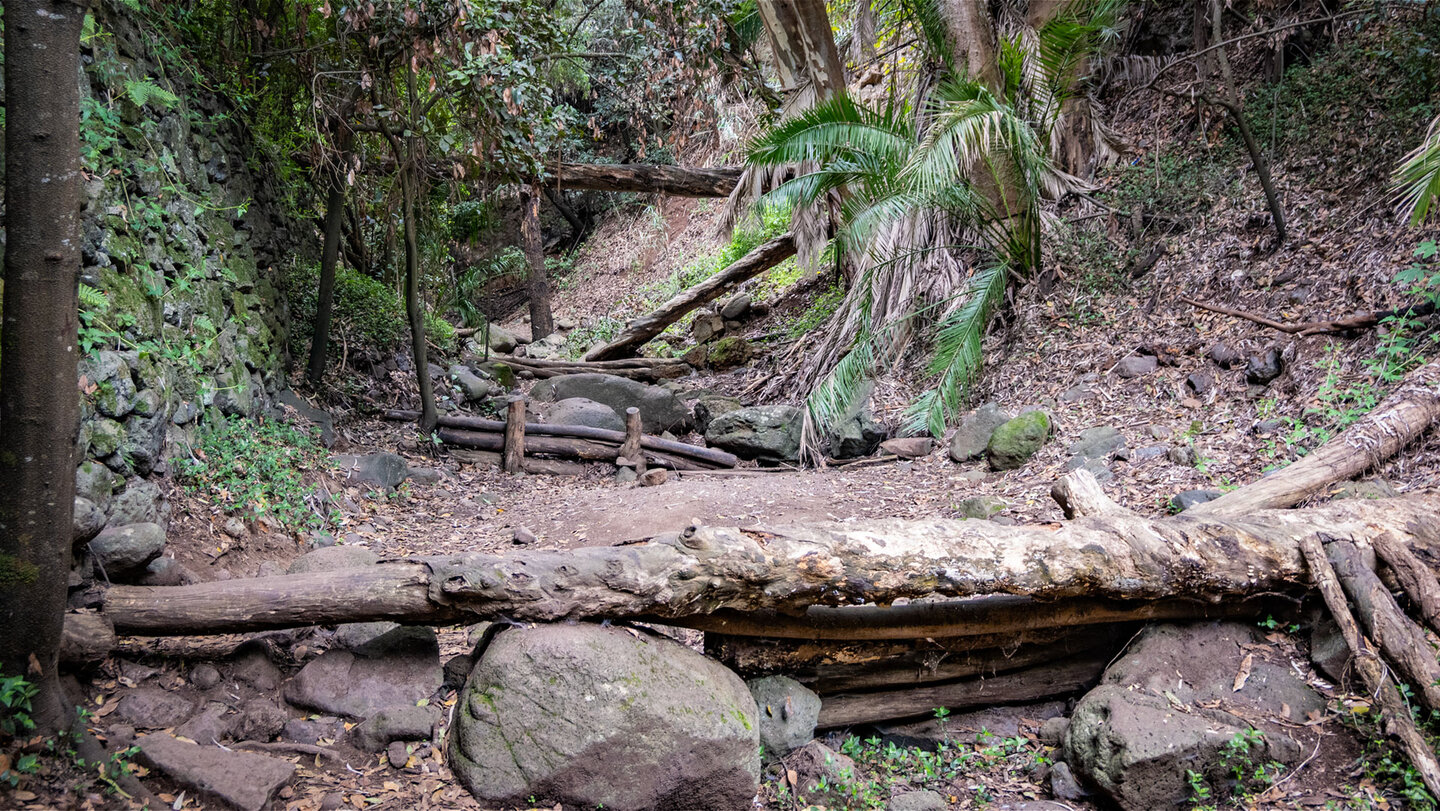 Holzstauwerke im Schluchtgrund des Barranco del Álamo.