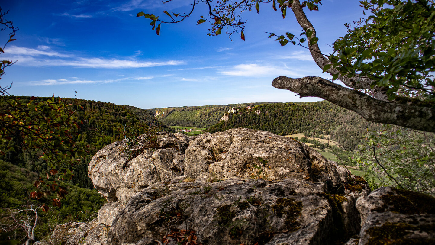 Kalkfelsen am St. Anna Felsen mit Blick über das bewaldete Obere Donautal unter blauem Himmel