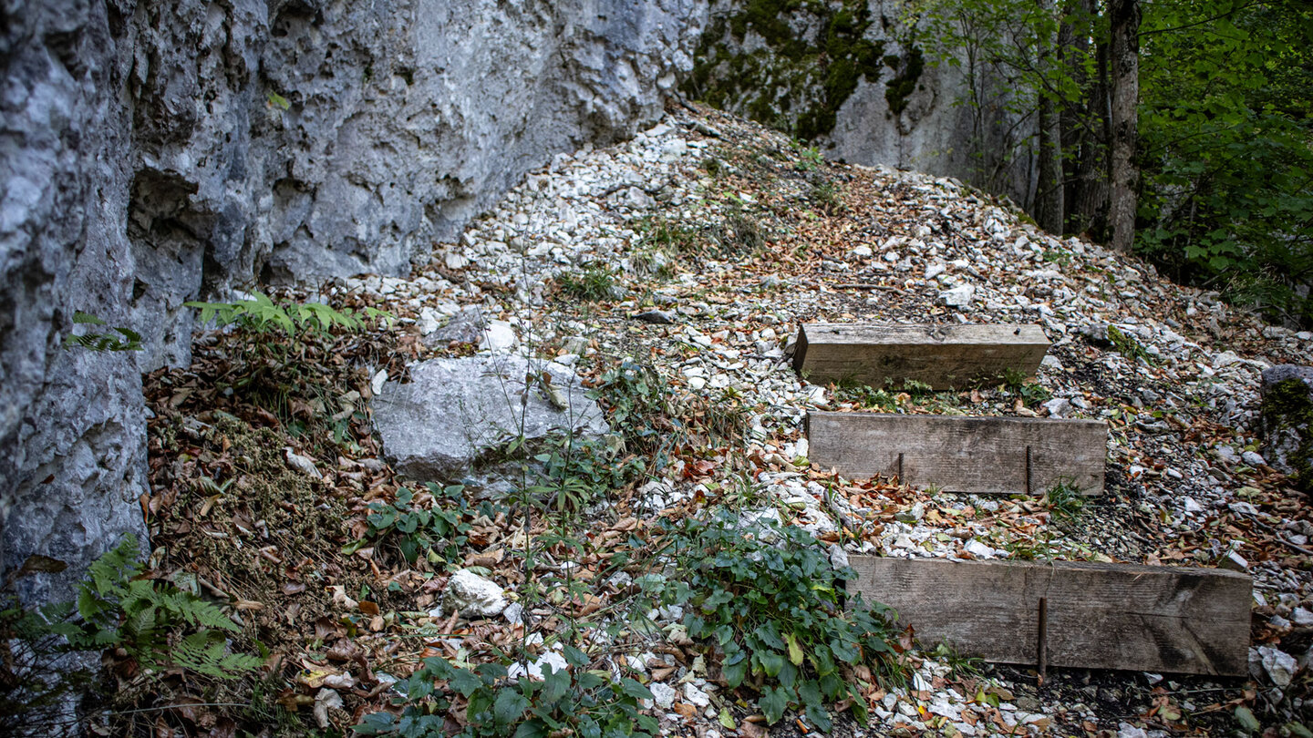 Felszustieg mit drei Holzstufen auf Kalkgeröll und Buchenlaub neben einer grauen Felswand an den Hausener Zinnen