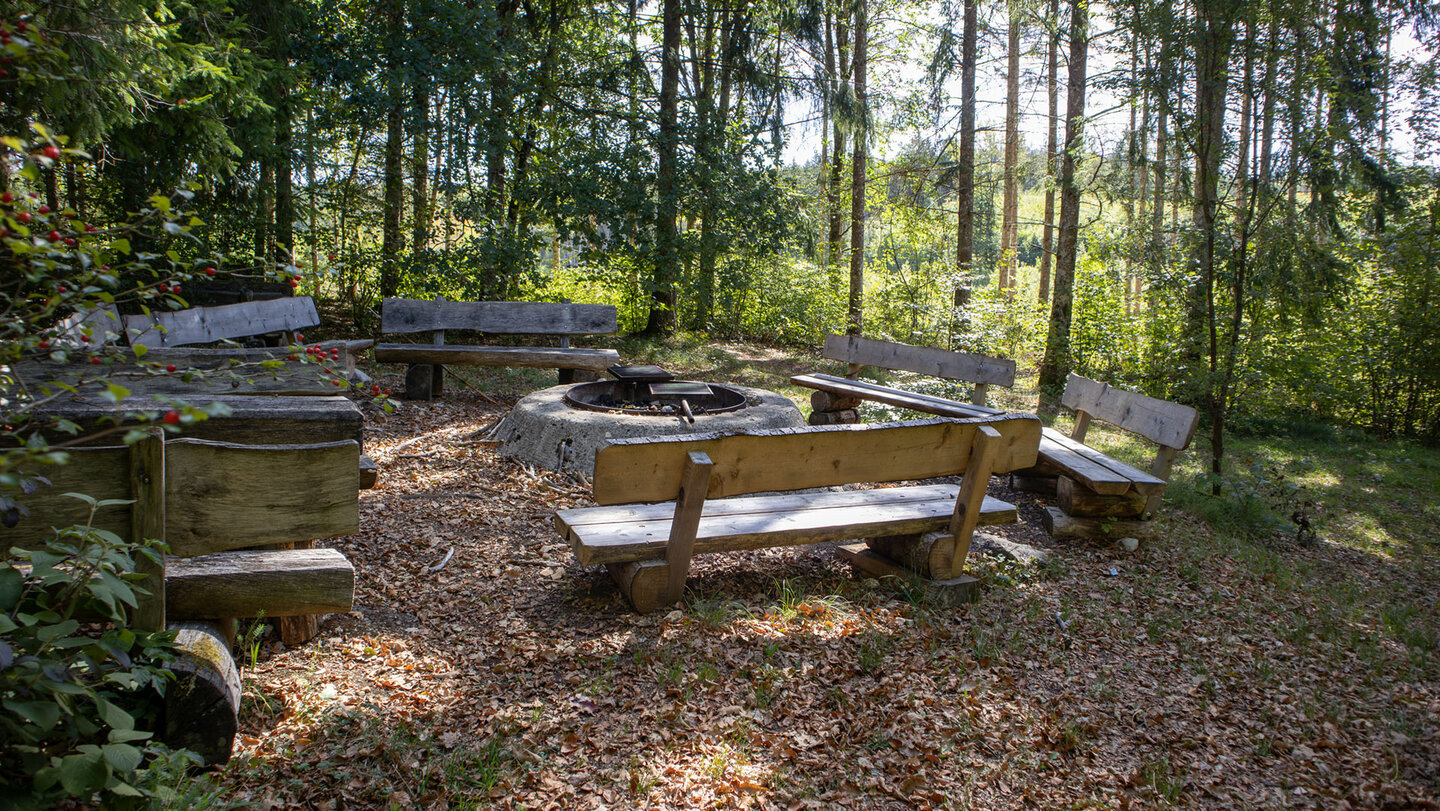 Grill- und Rastplatz Hauser Holz mit Feuerstelle und rustikalen Holzbänken im Wald bei Hausen im Tal