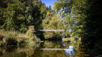 die Hängebrücke verbindet die Parkteile im Fürstlichen Park Inzigkofen