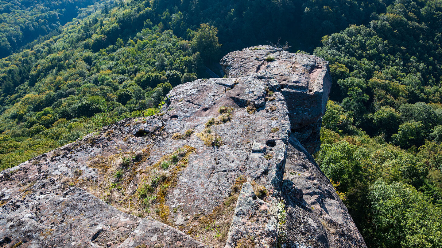 Blick über den Burgfelsen der Burg Trifels auf den Pfälzerwald