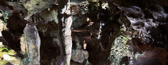 Blick in die Nebelhöhle mit ihren Gängen und Wegen