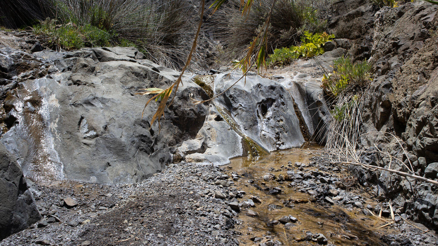 vom Wasser geschliffenes Gestein im Bachbett der Schlucht