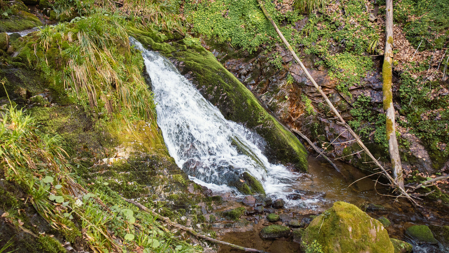 Wasserfall zwischen bemoosten Felsen im Tal der Wilden Rench | © Sunhikes